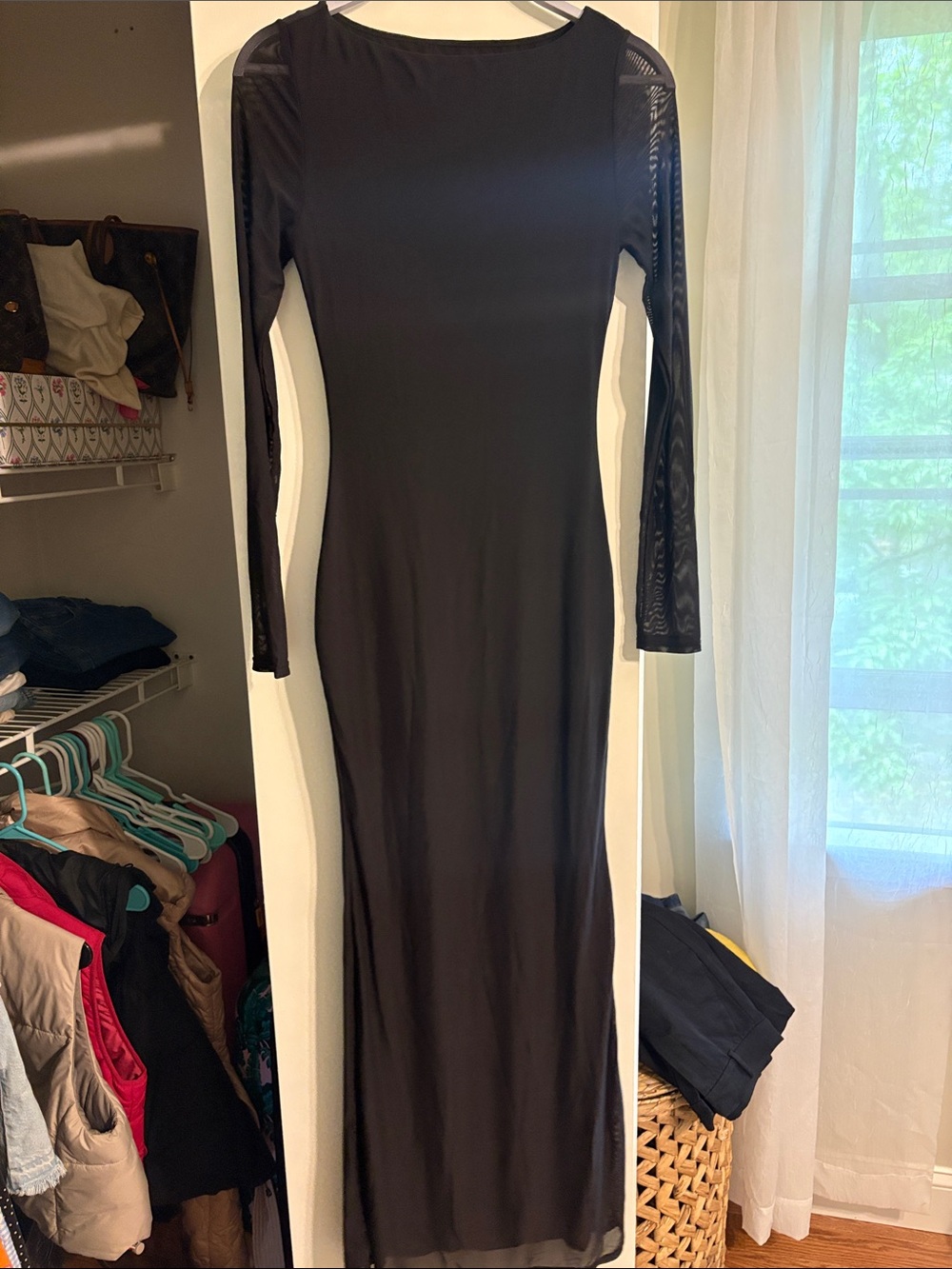 Elegant Black Maxi Dress with Mesh Long Sleeves